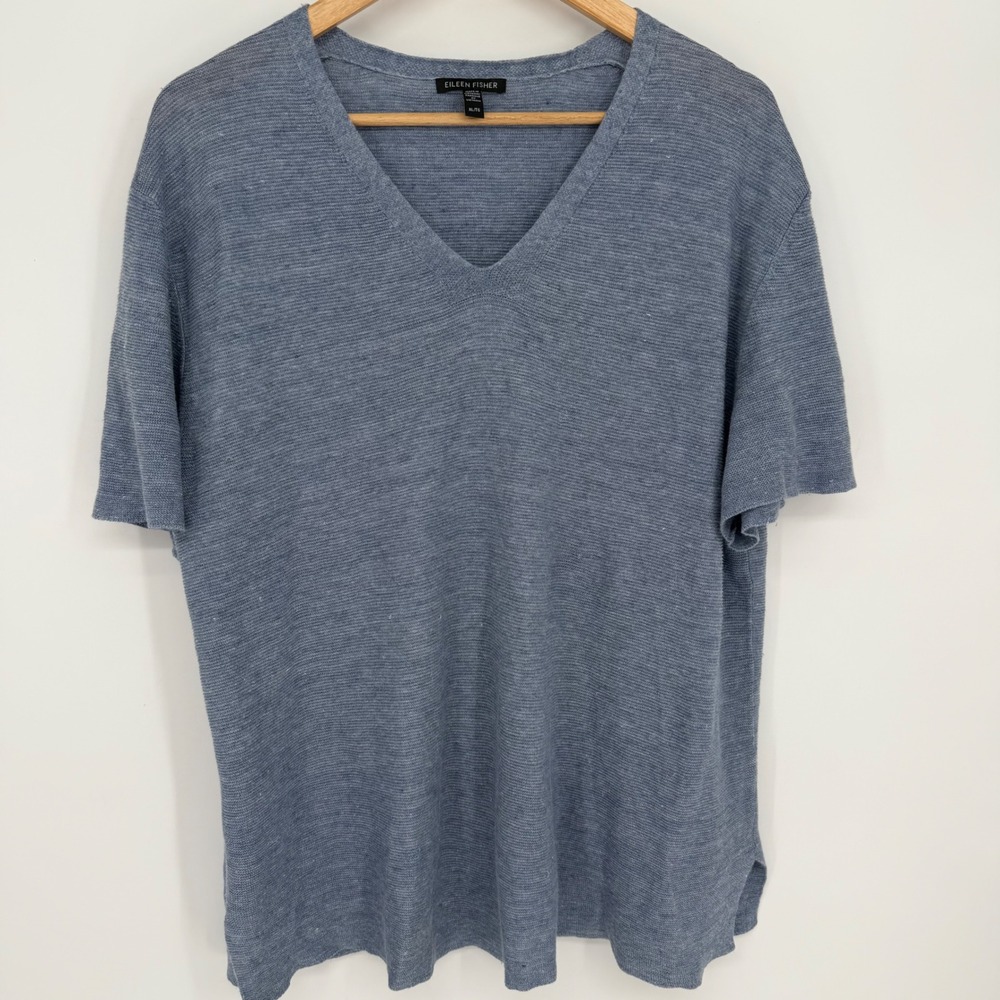 Eileen Fisher Linen Sweater V-Neck Short Sleeve Organic Coastal Grandma Blue XL
